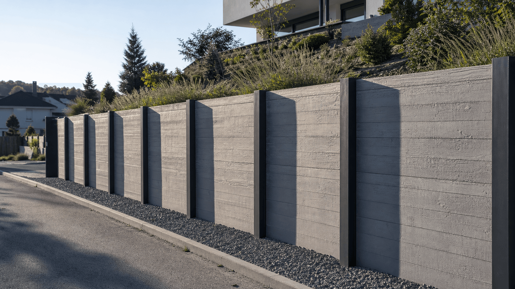 Megmunkált beton kerítéspanel acél oszlopokkal, oldalfény hosszú árnyékokkal