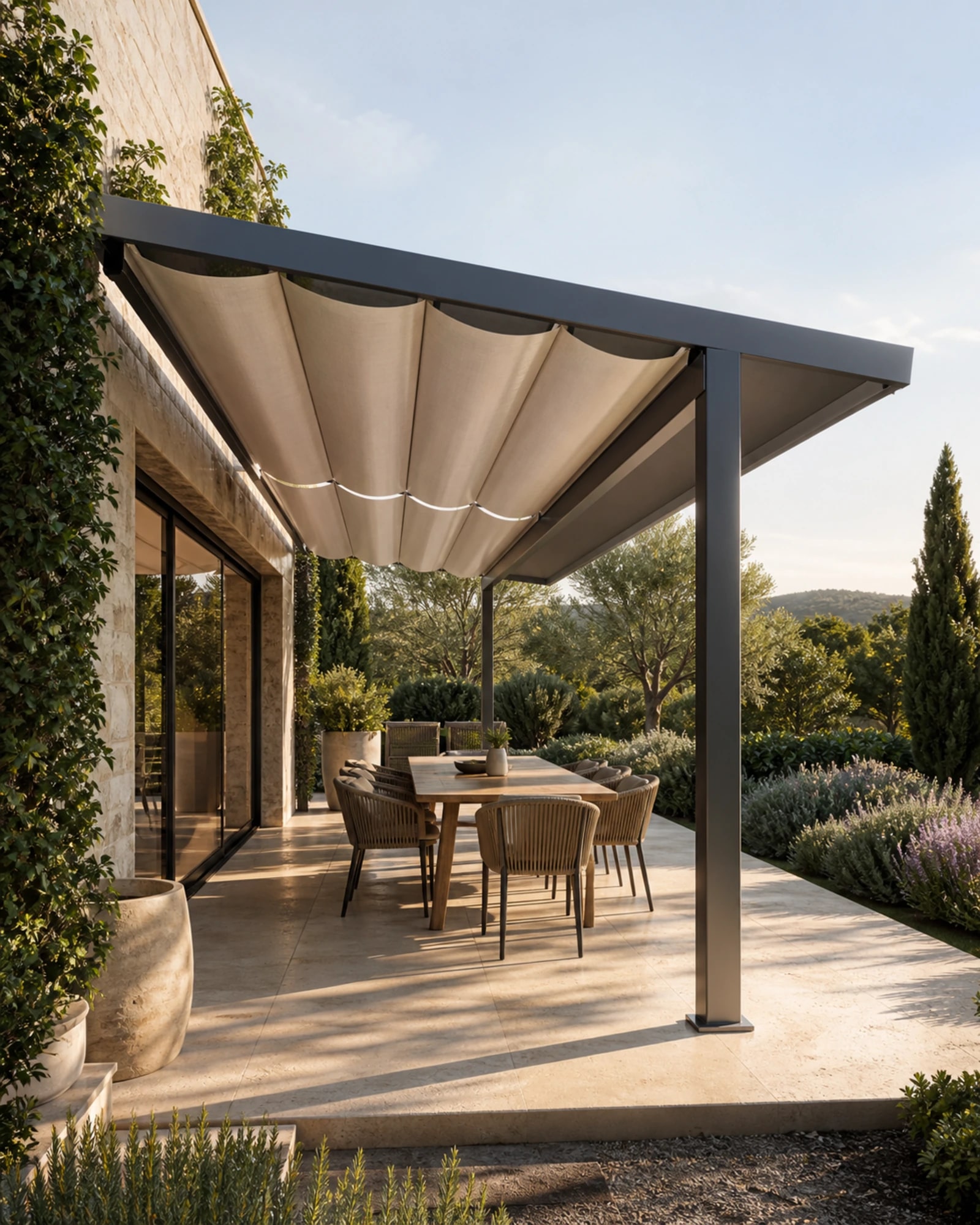 RGM retractable fabric-roof pergola over a modern garden dining terrace