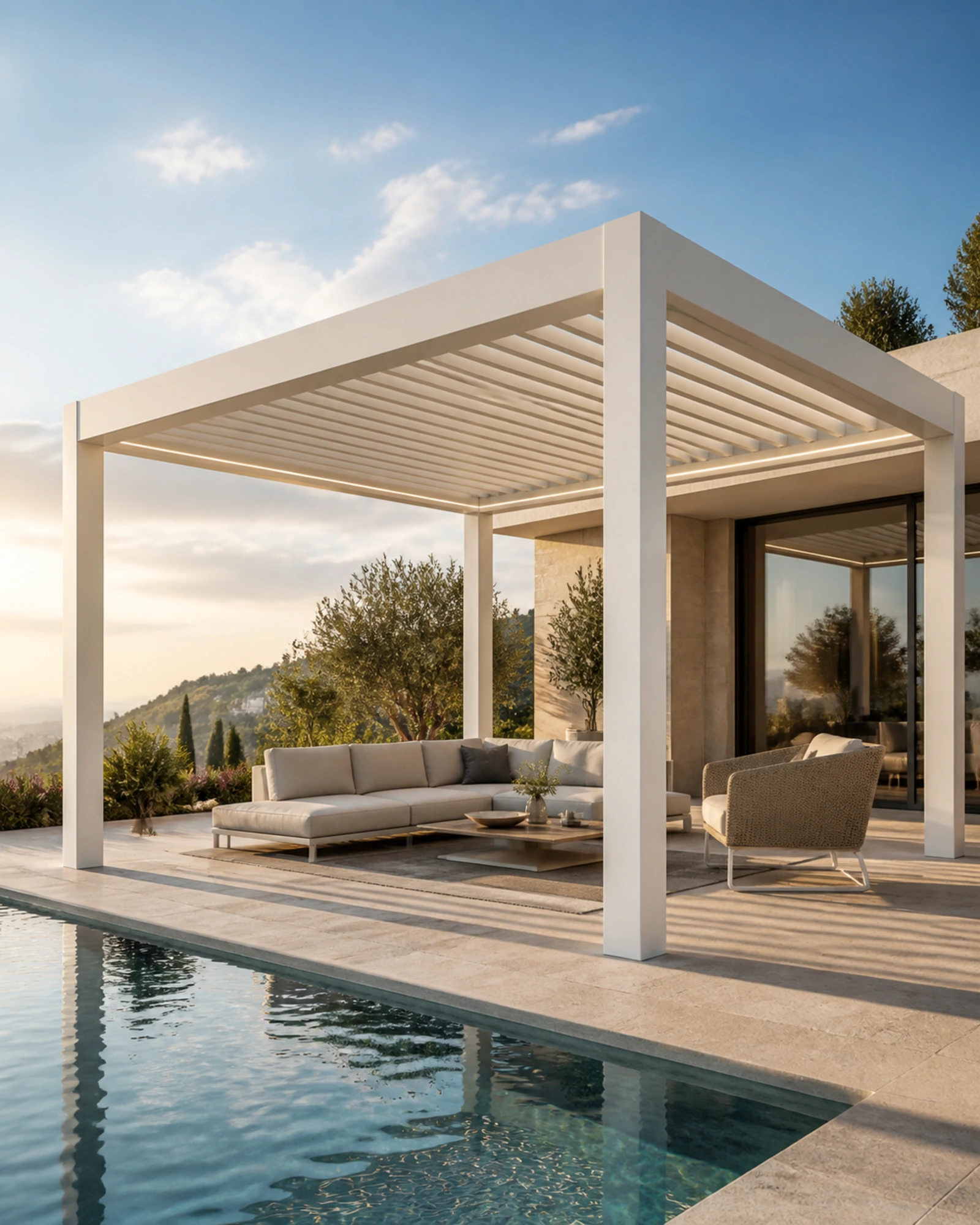 RGM CLIMAX bioclimatic pergola with motorised louvre roof over a modern terrace