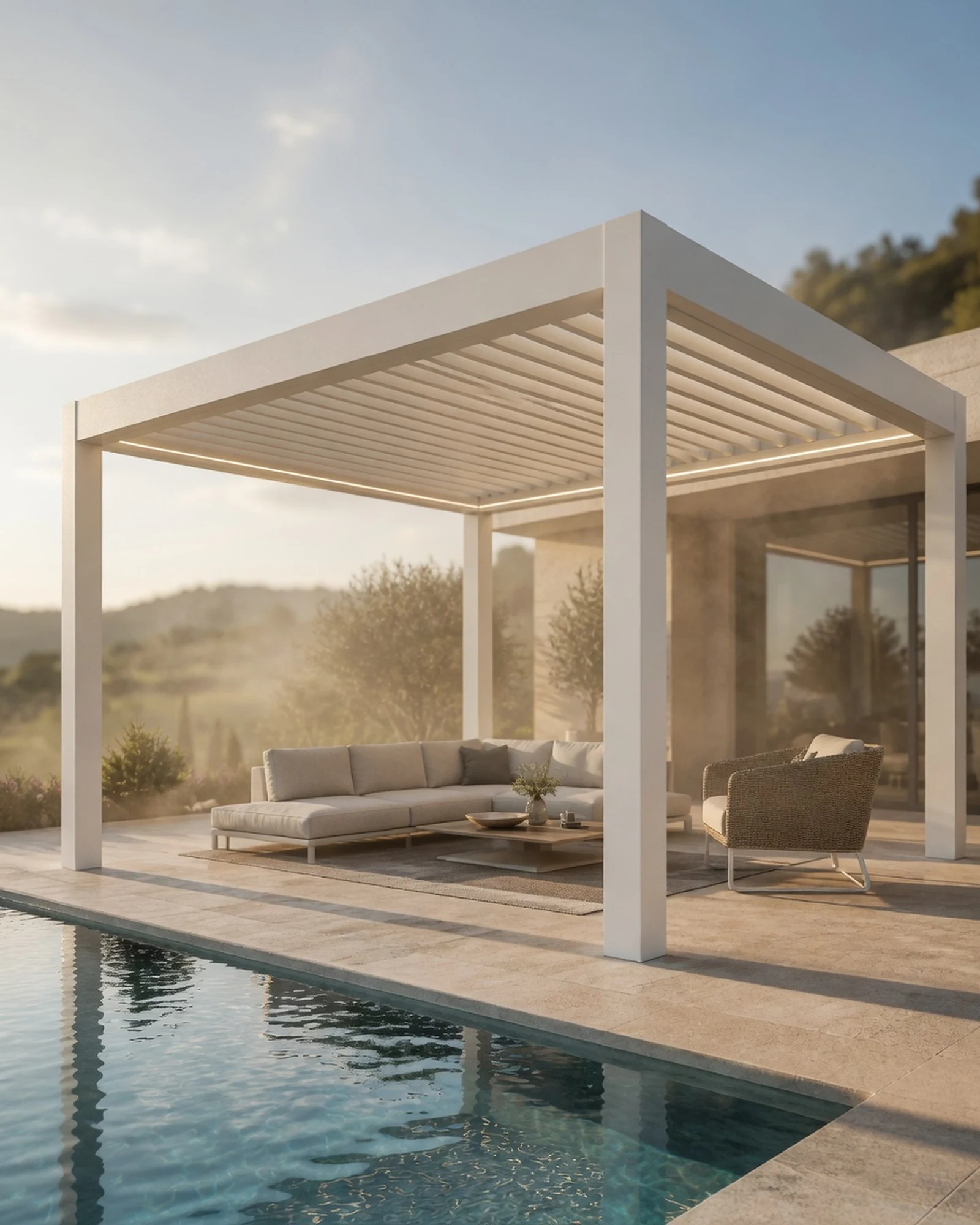 RGM CLIMAX bioclimatic pergola with motorised louvre roof over a modern terrace