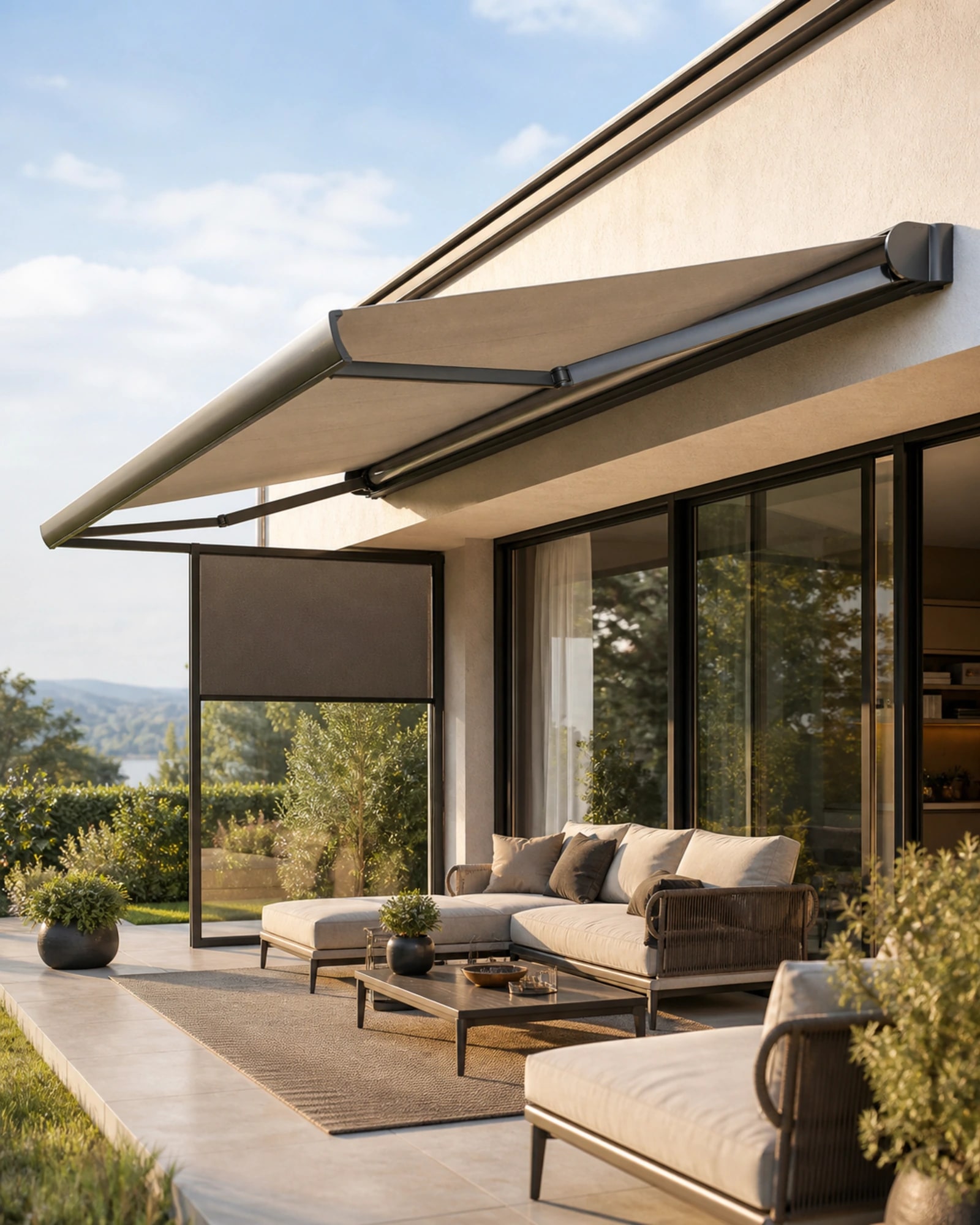RGM folding-arm awning and side screen on a modern house terrace
