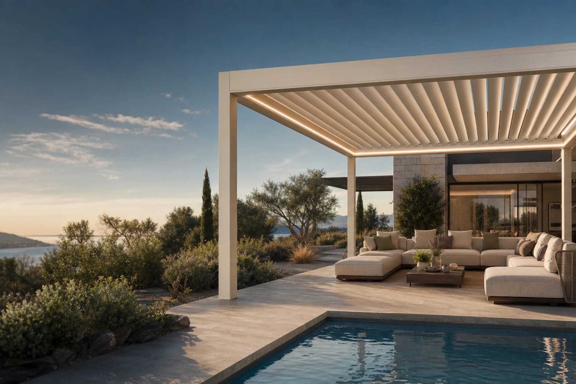 Close-up of an RGM aluminium louvre pergola