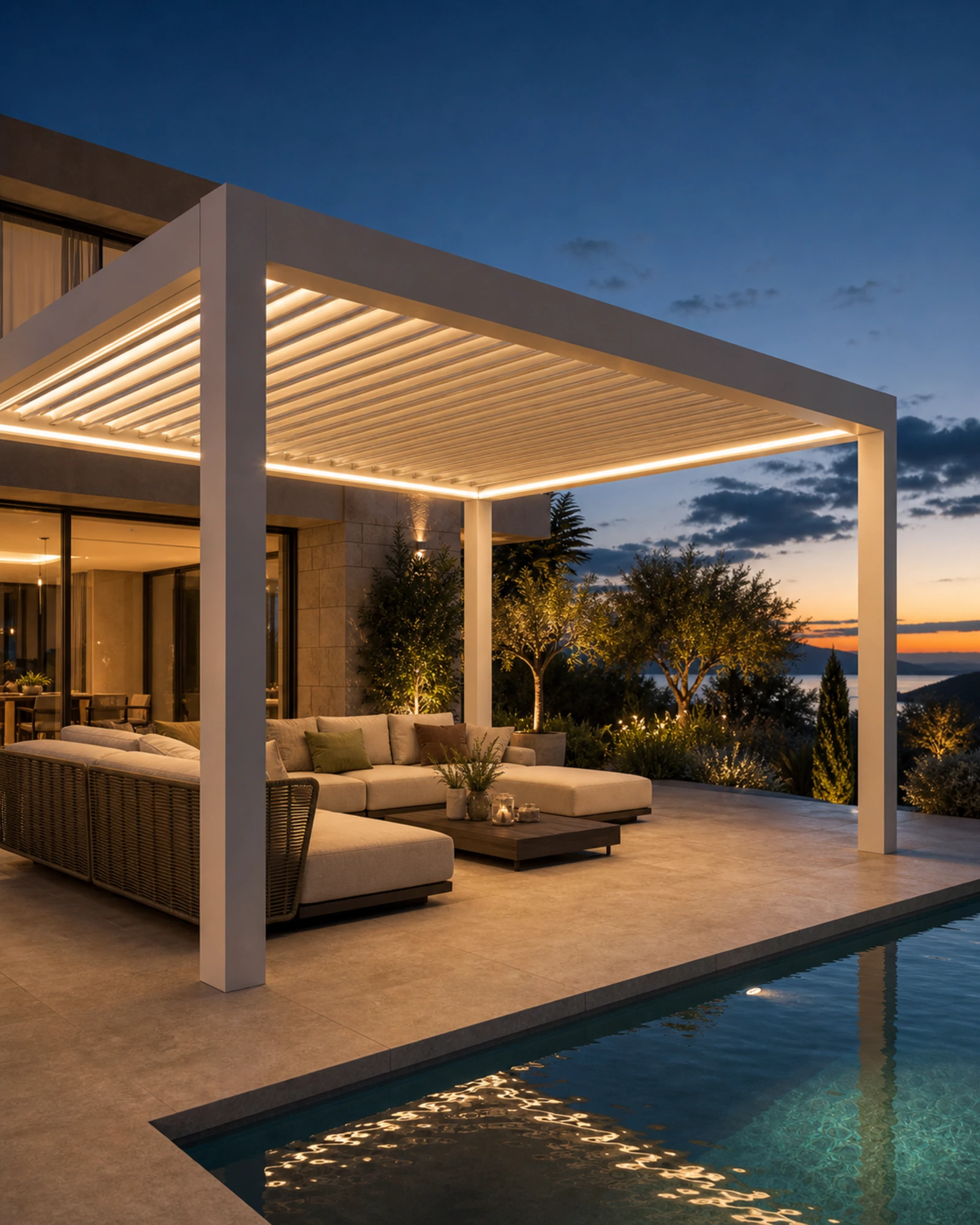 Finished RGM bioclimatic pergola over a dusk terrace with a lived-in lounge