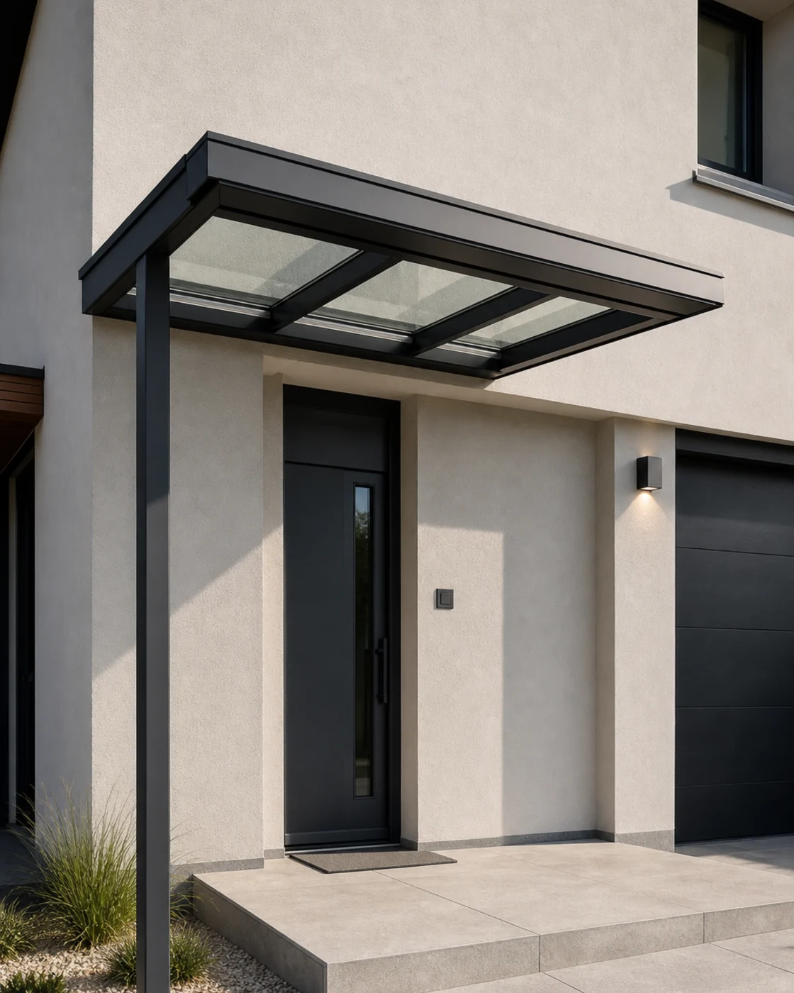 Anthracite aluminium and glass canopy above the entrance of a modern family home