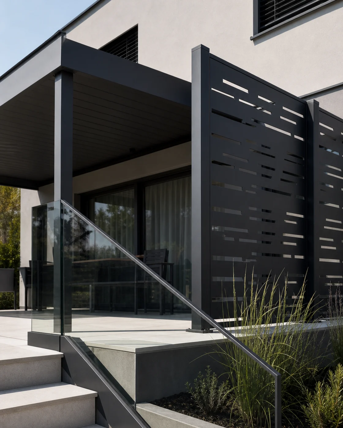 Custom anthracite metal and glass outdoor structure beside terrace steps