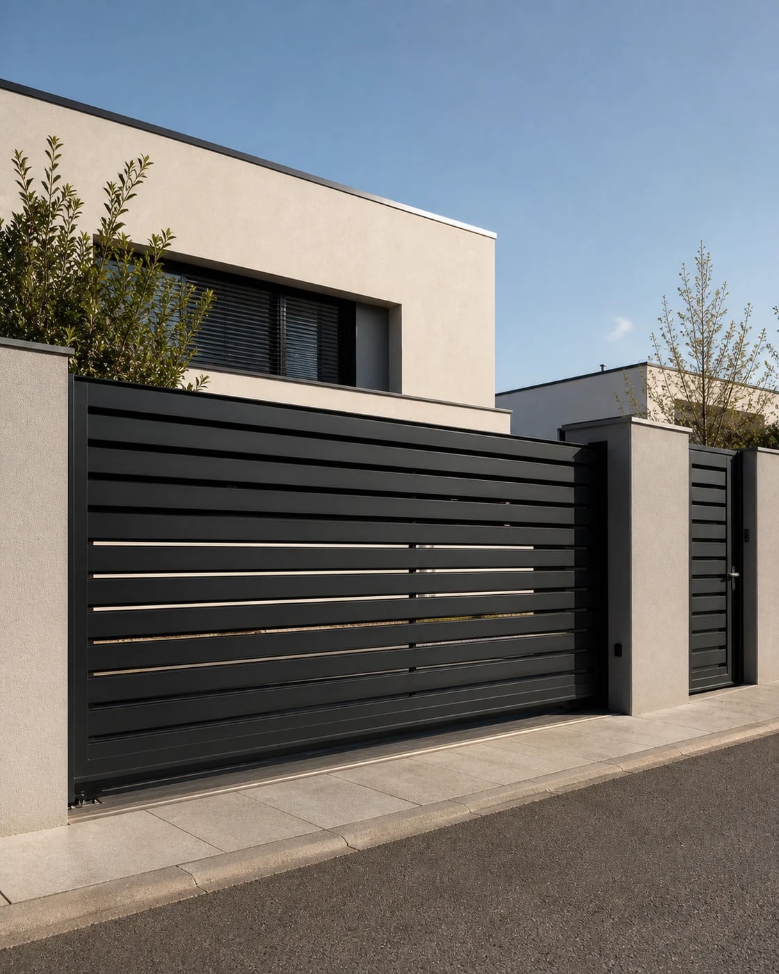 Anthracite aluminium sliding gate on the street frontage of a modern family home